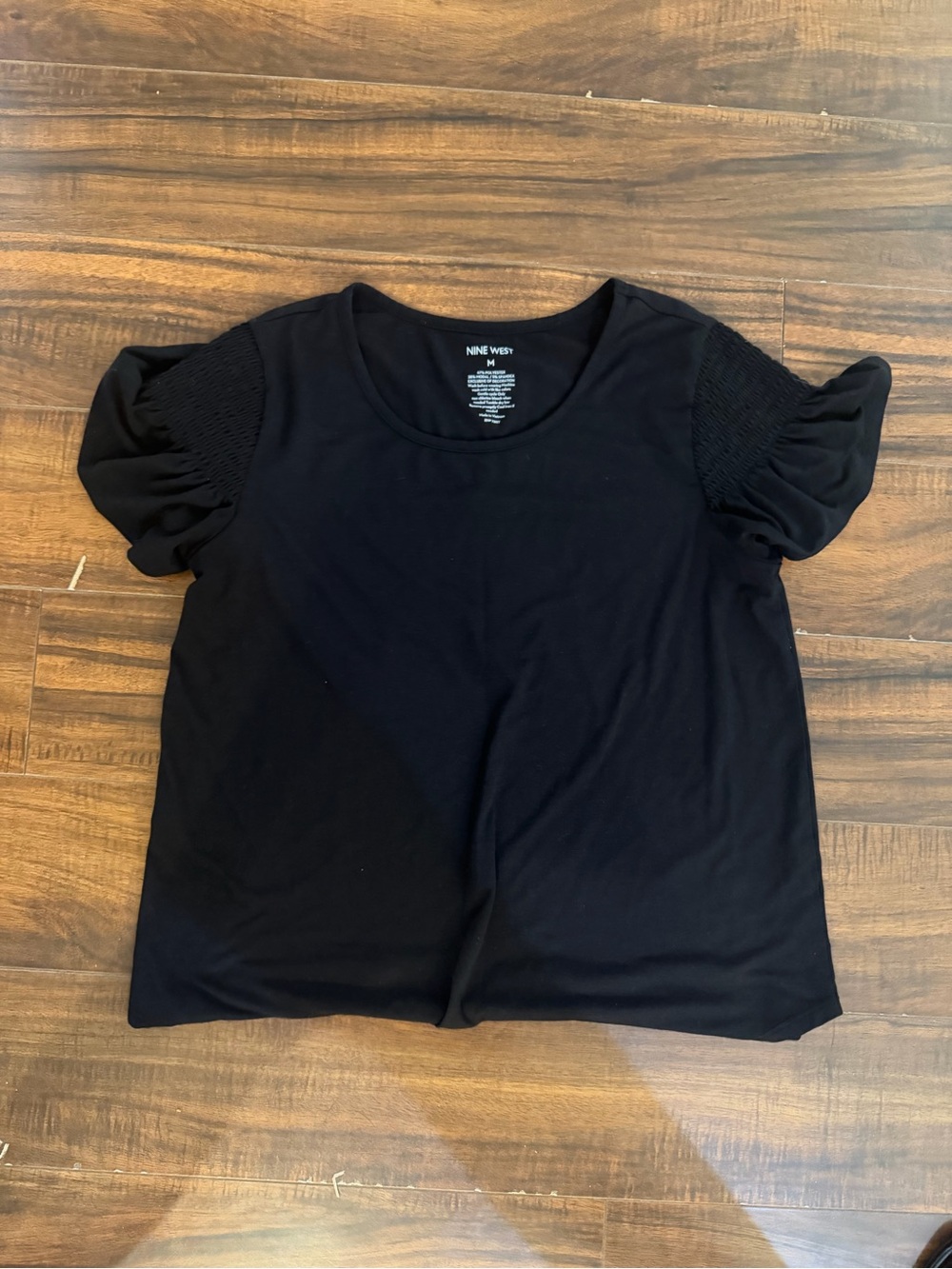 Nine West Black Puff Sleeve Smocked Tee